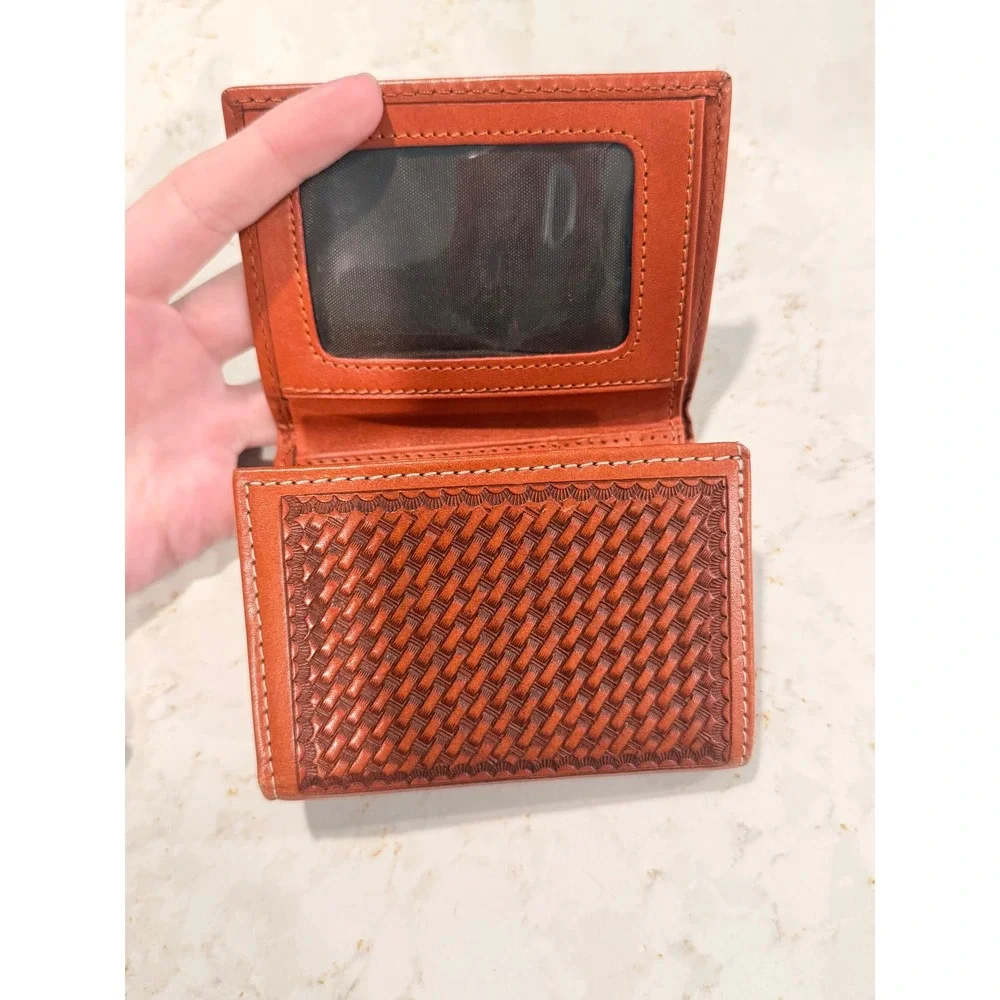 Cowboy Chrome Handtooled Leather Trifold Wallet Brown Basketweave Cross Mens